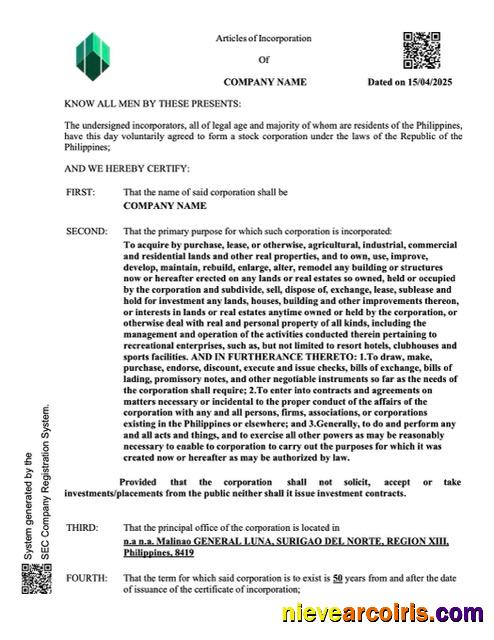 Philippines certificate of company incorporation